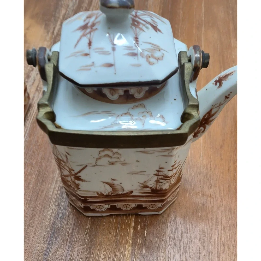 Japan Tea Set Vintage 40s 50s White Brown Nautical Ship Tea Caddies Teapot